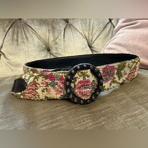 French tapestry dress belt boho size small textured buckle woven